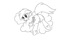 Size: 1280x720 | Tagged: safe, artist:andelai, derpy hooves, pony, black and white, butt, buttstuck, cloud, dock, female, grayscale, monochrome, plot, simple background, sketch, solo, stuck, underhoof, white background