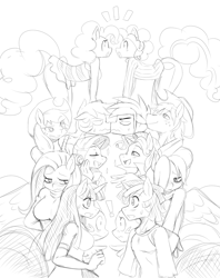 Size: 1965x2485 | Tagged: safe, artist:ss2sonic, derpibooru import, applejack, applejack (male), barb, bubble berry, butterscotch, dusk shine, elusive, fluttershy, pinkie pie, rainbow blitz, rainbow dash, rarity, spike, twilight sparkle, anthro, earth pony, pony, fanfic:on a cross and arrow, breasts, female, hootershy, monochrome, rule 63, self ponidox, sketch