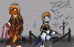 Size: 3000x1916 | Tagged: safe, artist:greyscaleart, derpibooru import, big macintosh, soarin', trenderhoof, cyborg, pony, amputee, armor, assault rifle, bipedal, fence, gun, implied fluttermac, knife, post-apocalyptic, prosthetic limb, prosthetics, war