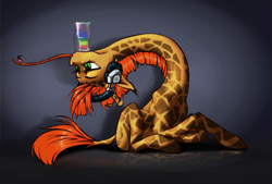 Size: 1500x1014 | Tagged: safe, artist:madhotaru, oc, oc only, oc:twiggy, giraffe, balancing, cherry, drink, flexible, headphones, long tongue, prehensile tongue, prone, solo, tongue out, upside down