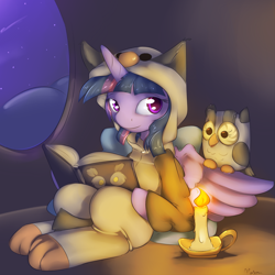 Size: 1200x1200 | Tagged: safe, artist:alasou, derpibooru import, owlowiscious, twilight sparkle, twilight sparkle (alicorn), alicorn, owl, pony, animal costume, book, candle, clothes, costume, cute, female, mare, twiabetes