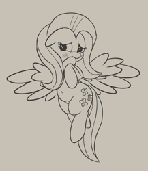 Size: 562x647 | Tagged: safe, artist:andelai, fluttershy, pegasus, pony, belly button, blushing, chubby, covering mouth, female, floppy ears, flying, grayscale, head turn, hooves to the chest, lineart, looking sideways, mare, monochrome, plump, solo, spread wings, wings