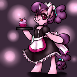 Size: 1280x1280 | Tagged: safe, alternate version, artist:whale, sugar belle, pony, semi-anthro, alternate hairstyle, apron, bipedal, cap, cherry, clothes, collar, cupcake, dress, explicit source, food, hair bun, hat, looking at you, maid, nose wrinkle, one eye closed, scrunchie, smiling, solo, towel, tray, wink