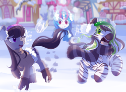 Size: 2364x1728 | Tagged: safe, artist:si1vr, dj pon-3, octavia melody, vinyl scratch, oc, oc:jack hyperfreak, earth pony, pony, unicorn, zebra, jacktavia, snow, snowball, snowball fight, vinylfreak