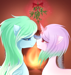 Size: 1280x1341 | Tagged: safe, artist:fluffymaiden, oc, oc only, oc:amaranthine sky, oc:reverie, female, fireplace, lesbian, mistletoe, nuzzling