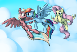 Size: 1600x1075 | Tagged: safe, artist:nadnerbd, derpibooru import, fluttershy, rainbow dash, oc, oc:dawn seeker, pegasus, pony, cloud, dash of humanity, fanfic art, female, flying, mare, sky, wings