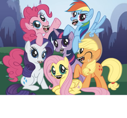 Size: 813x753 | Tagged: safe, artist:curtsibling, derpibooru import, edit, applejack, fluttershy, pinkie pie, rainbow dash, rarity, twilight sparkle, earth pony, pegasus, pony, unicorn, mane six, mane six opening poses, nightmare fuel, teeth