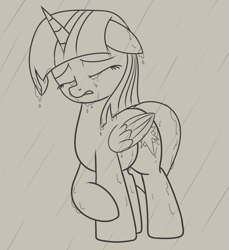 Size: 735x803 | Tagged: safe, artist:andelai, twilight sparkle, twilight sparkle (alicorn), alicorn, pony, crying, floppy ears, monochrome, rain, solo