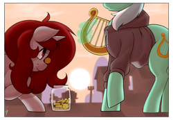 Size: 2384x1647 | Tagged: safe, artist:mrw32, lyra heartstrings, oc, oc:rubywave, fanfic:background pony, bits, clothes, hoodie, jar, lyre, magic, telekinesis