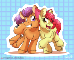 Size: 1024x828 | Tagged: safe, artist:inuhoshi-to-darkpen, apple bloom, tender taps, earth pony, pony, on your marks, colt, dancing, female, filly, fluffy, male, patreon, patreon logo, smiling, unshorn fetlocks