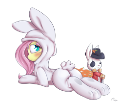 Size: 1200x1000 | Tagged: safe, artist:alasou, derpibooru import, angel bunny, fluttershy, pegasus, pony, animal costume, bunny costume, bunny pajamas, bunnyshy, clothes, pirate, plot, prone, simple background, transparent background