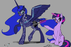 Size: 1280x853 | Tagged: safe, artist:silfoe, derpibooru import, princess luna, twilight sparkle, twilight sparkle (alicorn), alicorn, pony, anatomy, clothes, costume, female, glasses, lunadoodle, magic, mare, open mouth, raised hoof, raised leg, reference, sitting, skeleton, skeleton costume, spread wings, teacher, telekinesis