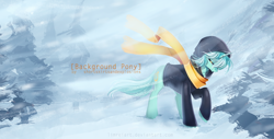 Size: 1000x507 | Tagged: safe, artist:limreiart, lyra heartstrings, fanfic:background pony, clothes, hoodie, raised hoof, sad, scarf, snow, solo, wind