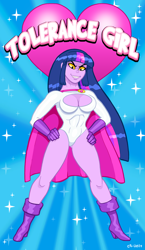 Size: 900x1555 | Tagged: safe, artist:curtsibling, twilight sparkle, equestria girls, breasts, equestibooru girls, evil eyes, evil grin, female, hand on hip, parody, power girl