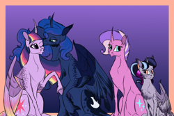 Size: 1200x800 | Tagged: safe, artist:silvy-fret, princess luna, twilight sparkle, twilight sparkle (alicorn), oc, oc:iremia, oc:sirius, alicorn, pony, female, lesbian, magical lesbian spawn, mare, nuzzling, offspring, parent:princess luna, parent:twilight sparkle, parents:twiluna, shipping, twiluna, unshorn fetlocks