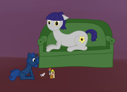 Size: 1795x1296 | Tagged: safe, artist:anonpony1, oc, oc only, oc:fruity blossom, oc:starlight blossom, doll, female, filly, magic, mother, mother and child, mother and daughter, parent and child, playing, sofa, toy