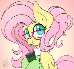 Size: 1816x1683 | Tagged: safe, artist:zombies-pudding, fluttershy, pegasus, pony, alternate hairstyle, clothes, drink, drinking, flutternerd, glasses, nerd, solo, straw