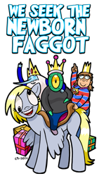 Size: 507x900 | Tagged: safe, artist:curtsibling, derpy hooves, pegasus, pony, adventure time, chris chan, curtsibling, female, ice king, looking at you, mare, middle finger, present, riding, smiling, vulgar