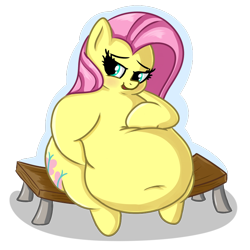 Size: 720x720 | Tagged: safe, artist:andelai, fluttershy, pegasus, pony, belly, belly button, bench, big belly, blushing, fat, fattershy, female, obese, sitting, solo