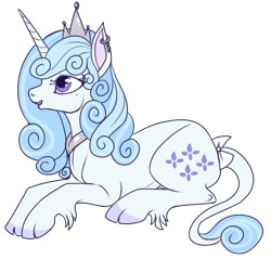 Size: 464x443 | Tagged: safe, artist:lulubell, derpibooru import, majesty, classical unicorn, pony, unicorn, g1, bow, cloven hooves, crown, ear piercing, earring, female, jewelry, leonine tail, lying down, mare, piercing, profile, prone, regalia, side view, simple background, smiling, solo, tail bow, transparent background