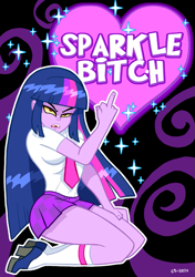 Size: 635x900 | Tagged: safe, artist:curtsibling, twilight sparkle, equestria girls, clothes, fangs, humanized, middle finger, school uniform, t shirt design, vulgar