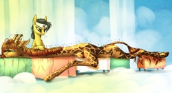 Size: 2780x1500 | Tagged: safe, artist:madhotaru, oc, oc only, oc:twiggy, giraffe, acupuncture, asian pony, bandana, fun fact, kanji, needle, solo