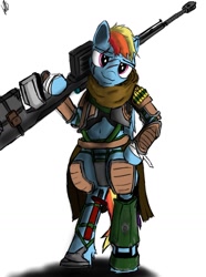 Size: 1475x1979 | Tagged: safe, artist:greyscaleart, derpibooru import, rainbow dash, pegasus, pony, armor, belly button, bipedal, clothes, female, gun, hooves, mare, optical sight, rifle, scar, simple background, sniper rifle, soldier, solo, weapon, white background, wings