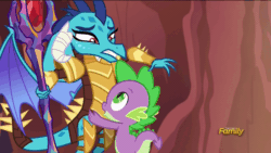 Size: 960x540 | Tagged: safe, screencap, dragon lord ember, princess ember, spike, dragon, gauntlet of fire, animated, bloodstone scepter, discovery family logo, dragon armor, hug, it's called a hug, shipping fuel, talking