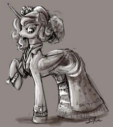 Size: 1280x1426 | Tagged: safe, artist:silfoe, derpibooru import, princess luna, alicorn, pony, clothes, dress, lunadoodle, monochrome, solo, umbrella, victorian