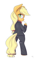 Size: 1100x1700 | Tagged: safe, artist:alasou, derpibooru import, applejack, earth pony, pony, bipedal, clothes, simple background, solo, suit, transparent background