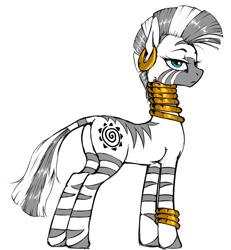 Size: 1306x1413 | Tagged: safe, artist:madhotaru, zecora, zebra, bracelet, ear piercing, earring, jewelry, lidded eyes, necklace, piercing, plot, solo