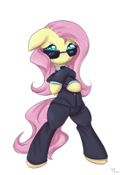 Size: 1000x1375 | Tagged: safe, artist:alasou, derpibooru import, fluttershy, pegasus, pony, bipedal, clothes, solo, suit, sunglasses