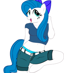 Size: 836x955 | Tagged: safe, artist:fluttercommunist, artist:romus91, oc, oc only, oc:minty blue, anthro, unguligrade anthro, belly button, bow, clothes, hair bow, midriff, shorts
