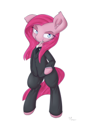 Size: 1150x1600 | Tagged: safe, artist:alasou, derpibooru import, pinkie pie, pony, bipedal, clothes, pinkamena diane pie, solo, suit