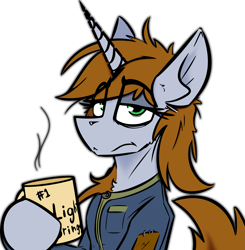 Size: 4123x4214 | Tagged: safe, artist:ralek, artist:vinylvortex, oc, oc only, oc:littlepip, pony, unicorn, fallout equestria, absurd resolution, bags under eyes, clothes, coffee, coffee mug, dog lip, fanfic, fanfic art, female, food, hooves, horn, lidded eyes, looking at you, mare, simple background, solo, transparent background, vault suit