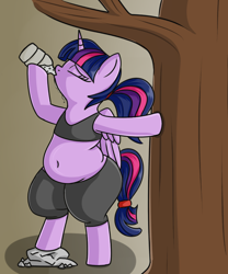 Size: 1000x1200 | Tagged: safe, artist:andelai, twilight sparkle, twilight sparkle (alicorn), alicorn, semi-anthro, belly, belly button, bipedal, bra on pony, chubby, clothes, compression shorts, cycling shorts, drinking, fat, female, plump, rock, solo, sports bra, tree, twilard sparkle, wide hips, workout outfit