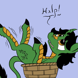 Size: 659x659 | Tagged: safe, artist:darkhestur, oc, oc only, oc:kappa the kirin, basket, dialogue, simple background, speech bubble, stuck