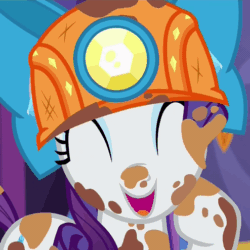 Size: 494x494 | Tagged: safe, screencap, rarity, pony, unicorn, gauntlet of fire, animated, bow, clothes, cute, dirt, dirty, eyes closed, female, giggling, hat, helmet, laughing, mare, mining helmet, open mouth, raised hoof, raribetes, smiling, weapons-grade cute