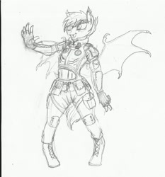 Size: 1246x1335 | Tagged: safe, artist:slouping, oc, oc only, oc:nolegs, anthro, bat pony, unguligrade anthro, anthro oc, armor, assassin suit, belly button, boots, clothes, dead money, fallout, fallout: new vegas, fingerless gloves, gloves, knee pads, monochrome, open mouth, sketch, smiling, solo, spread wings, stealth suit