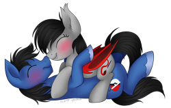 Size: 3310x2094 | Tagged: safe, artist:scarlet-spectrum, oc, oc only, oc:scarlet spectrum, bat pony, pony, female, male, nuzzling, shipping, simple background, straight, transparent background