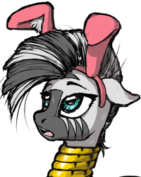 Size: 600x750 | Tagged: safe, artist:madhotaru, zecora, zebra, bunny ears, female, mare, open mouth, portrait, simple background, solo, white background