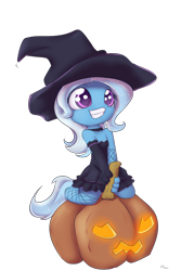 Size: 1000x1500 | Tagged: safe, artist:alasou, derpibooru import, trixie, anthro, chibi, cute, diatrixes, fishnet stockings, jack-o-lantern, pumpkin, simple background, solo, transparent background, witch