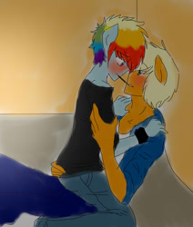 Size: 575x679 | Tagged: safe, artist:arantzitahermoxa, derpibooru import, applejack, applejack (male), rainbow blitz, rainbow dash, anthro, appleblitz (gay), appledash, blushing, gay, human facial structure, male, pocky, rule 63, shipping