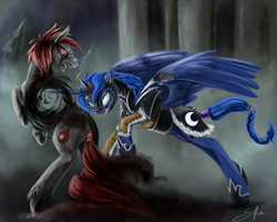 Size: 5000x4000 | Tagged: dead source, safe, artist:silfoe, derpibooru import, princess luna, alicorn, pony, vampire, vampony, armor, badass, fight, fog, warrior luna