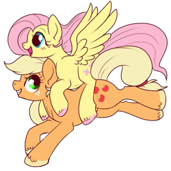 Size: 577x576 | Tagged: safe, artist:lulubell, derpibooru import, applejack, fluttershy, earth pony, pegasus, pony, open mouth, ponies riding ponies, running, simple background, spread wings, transparent background