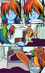 Size: 800x1300 | Tagged: safe, artist:vistamage, rainbow dash, oc, oc:featherwind, pegasus, pony, comic:decadence, alternate timeline, comic, crystal war timeline