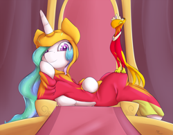 Size: 1475x1150 | Tagged: safe, artist:alasou, derpibooru import, philomena, princess celestia, alicorn, phoenix, pony, accessory swap, clothes, costume, cute, cutelestia, female, leaning, looking at you, mare, on back, role reversal, smiling