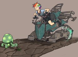 Size: 1280x942 | Tagged: safe, artist:madhotaru, rainbow dash, tank, human, hoverbike, humanized