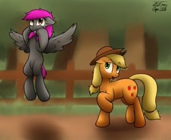 Size: 1280x1052 | Tagged: safe, artist:the-furry-railfan, applejack, oc, oc:crash dive, earth pony, pegasus, pony, cowboy hat, fangasm, fangirl, fangirling, fence, flying, grin, hat, outdoors, smiling, squee, starry eyes, stetson, sweet apple acres, wingding eyes