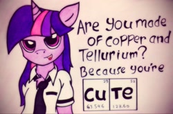 Size: 2046x1352 | Tagged: safe, artist:canvymamamoo, derpibooru import, twilight sparkle, pony, semi-anthro, unicorn, adorkable, chemistry, chemistry joke, chest fluff, clothes, copper, copper and tellurium, cuprum, cute, dork, female, flirting, mare, necktie, nerd, periodic table, pickup lines, pun, science, shirt, solo, tellurium, traditional art